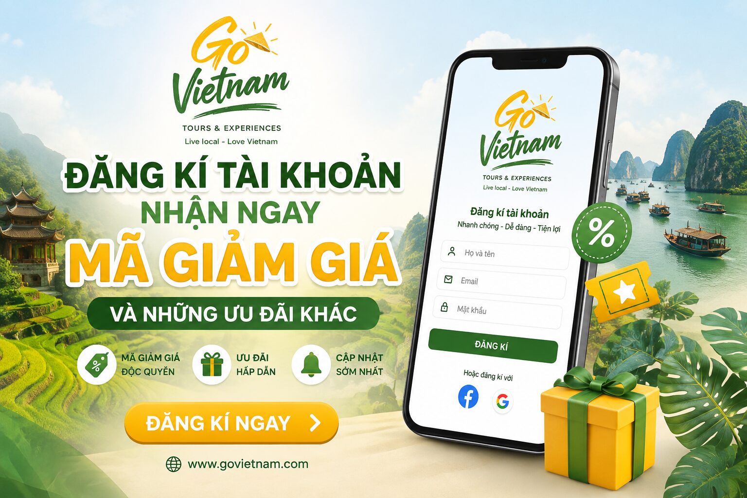 Đăng ký tài khoản GoVietnam nhận mã giảm giá và nhiều ưu đãi